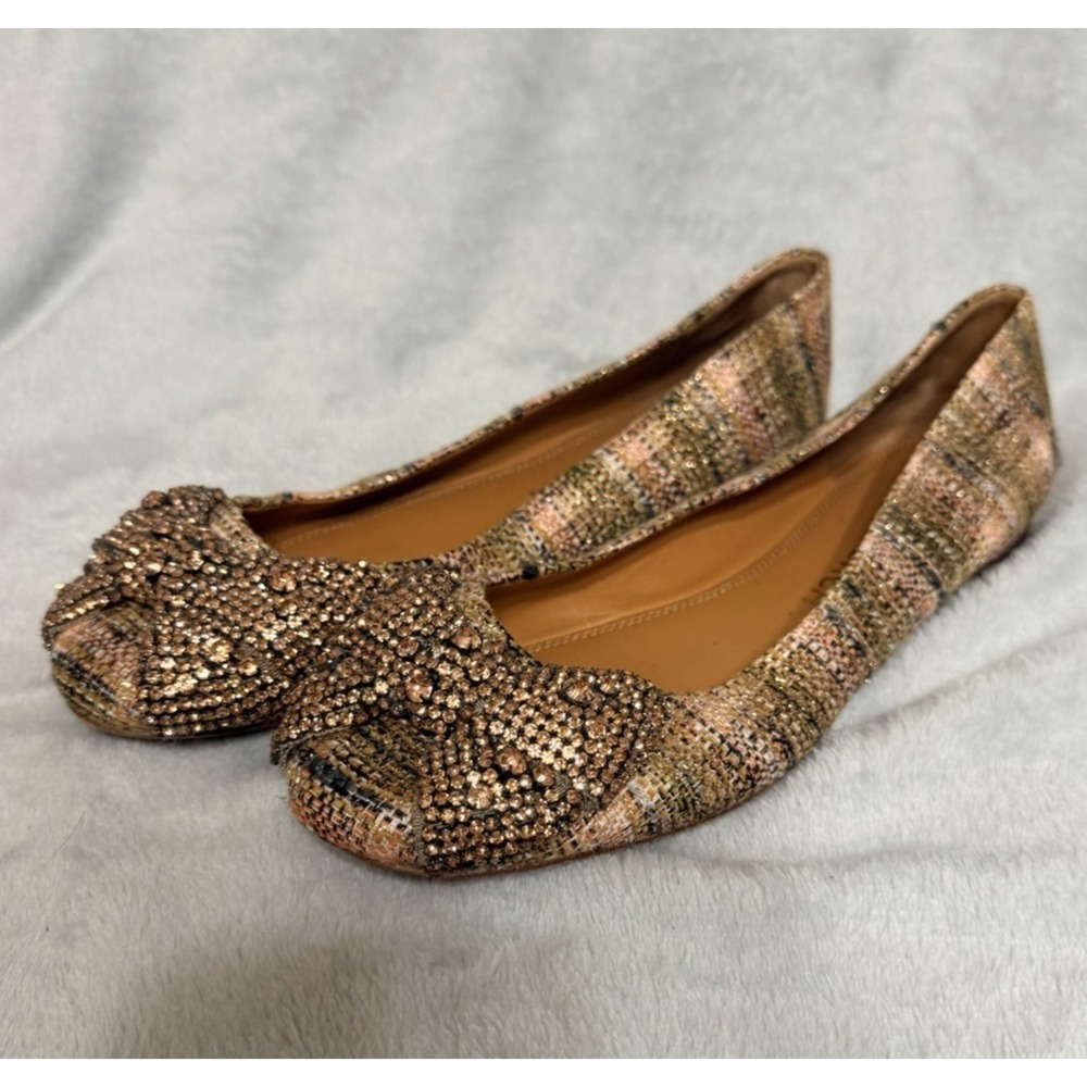Tory Burch sz 9.5 Crystal Bow Pink Tweed Ballet Flats Rose Gold Bronze Shoes